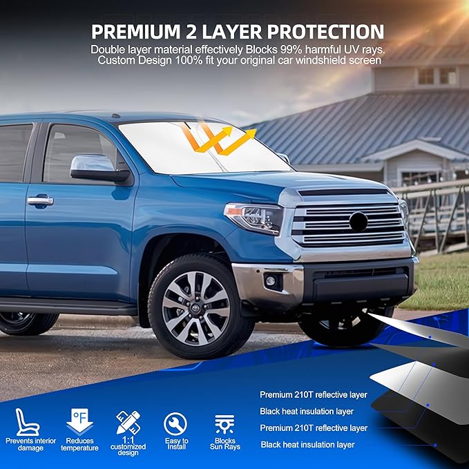 Windshield Sun Shade for Toyo-ta Tundra 2007-2021 Foldable Sunshade Custom Fit Front Window Car Interior Accessories Protector Blocks UV Rays