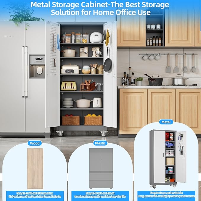 Metal Garage Cabinet with Wheels and Pegboard 71'' x 32'' x 16'', Lockable Rolling Steel Cabinet with 5 Adjustable Shelves and Door for Garage, Office, Kitchen, Assembly Required