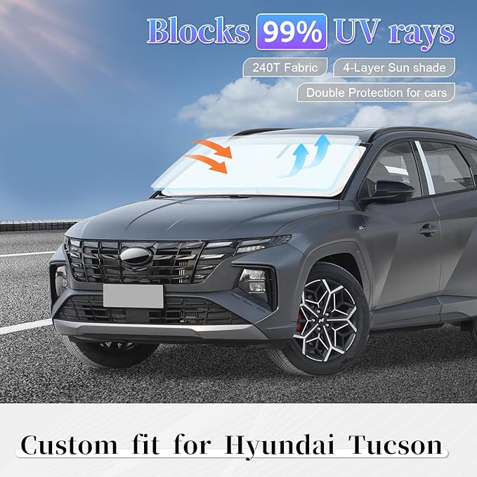 Sun Shade Sunshade for Hyundai Tucson 2022-2024 2025 2026 Windshield Cover,4-Layer Front Window Shade Custom fit Tucson Sun Visor 240T Retractable Shade Blocks UV Rays Cooler Car Accessories