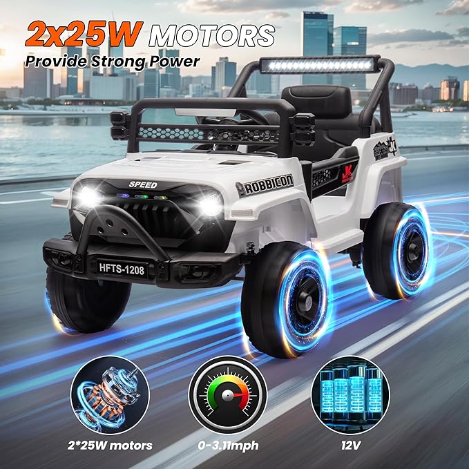 12V Ride on Electric Truck Car for Kids, 12V Kids Electric Vehicles w/Remote Control, Four-Wheel Suspension, USB, Bluetooth, Power Display, Lights, Battery Powered Ride on Toys for Boys Girls (White)