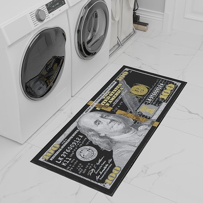 Ottomanson 22" x 53" $100 Bill Money Rug - Durable & Non-Slip Area Rug - Fun & Eye-Catching Decor for Bedroom, Office, Game Room & Man Cave - Unique Gift for & Trendy Home Decor, Black/Gold