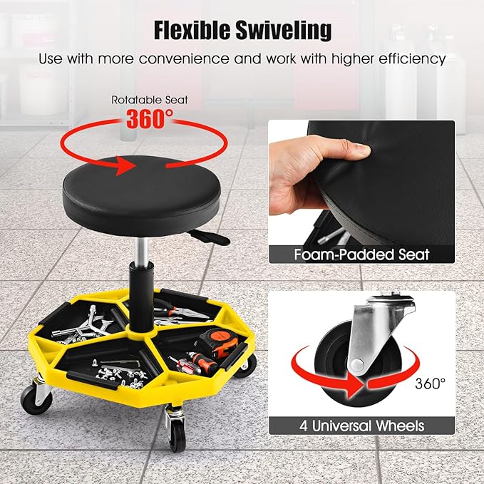 IRONMAX Rolling Mechanic Stool, Adjustable Shop Stool Creeper Seat with Removable Tool Tray, Padded Plush Cushion, Universal Wheels, Heavy Duty Metal Frame, 330 LBS Max Load (Yellow)