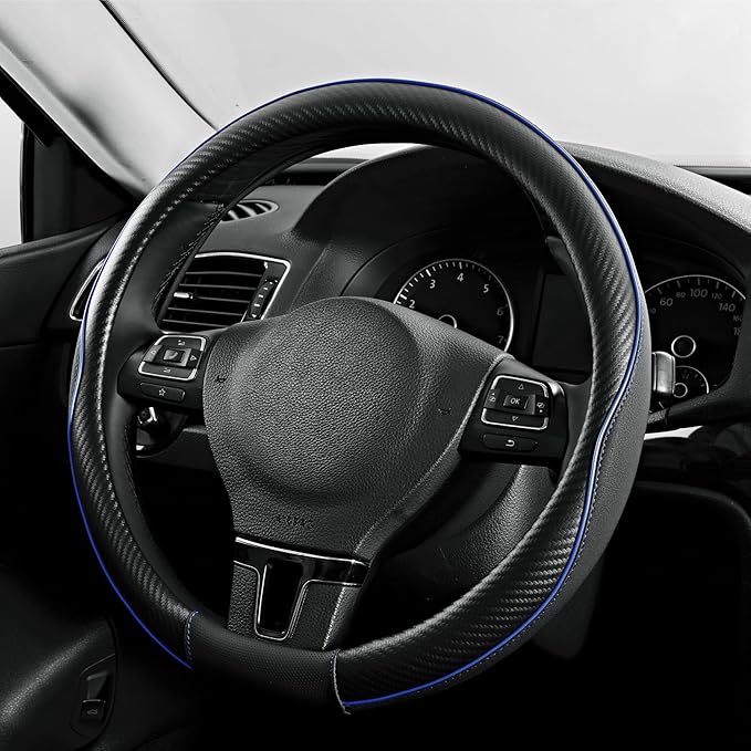 PIC AUTO Steering Wheel Cover, Blue Piping Leather, Sports Carbon Fiber and Super Breathable Leather, Universal 14.5-15.5 Inch Anti-Slip Steering Wheels Accessories for Men & Women
