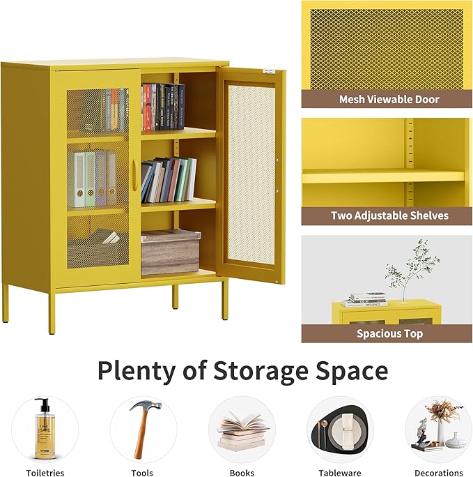 Metal Storage Cabinet with Mesh Doors,Steel Display Cabinet with Adjustable Shelves,Metal Office Storage Locker for Home Office,Garage(Yellow, 40''H)