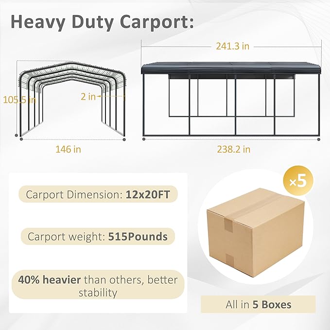 12x20 FT Outdoor Carport with Metal Roof, Heavy Duty Metal Carport Canopy, Garage Car Shelter Shade for Car, Truck, Boat, Gray