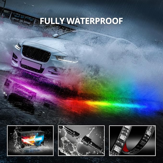 OPT7 Aura DreamColor Underglow Chasing Light Kit with APP & Remote Control, 4 PCS Flexible RGBIC LED Light Strips, Exterior Neon Accent Underbody Lights for Car Truck RV, Multi Colors Music Mode, 12V