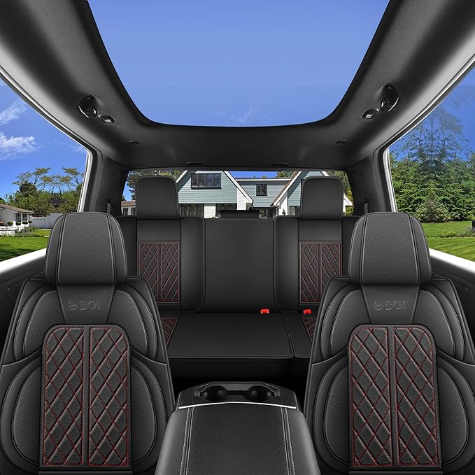 Car Seat Cover Custom Fit for Dodge Ram 1500 2500 3500 2002-2025 Faux Leather Seat Cover Set Compatible with Crew Quad Regular Cab Pickup Truck Cushions (Black Redline, Full Set, Curved Rear)