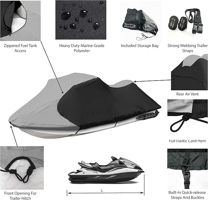 JetPro Trailerable Jet Ski Cover, Waterproof Marine Grade 600D Heavy Duty Polyester PWC Cover Gray/Black Color Fits from 116"-125" 2 Seater