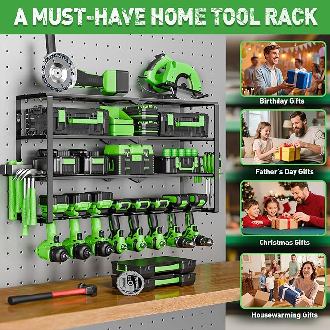 Power Tool Organizer Wall Mount, 4 Layers Tool Storage Rack with 8 Cordless Drill Holders, Power Tool Shelf Loads 400lbs for Garage, Warehouse, Workshop, Gifts for Men, Husband (Bohemian)