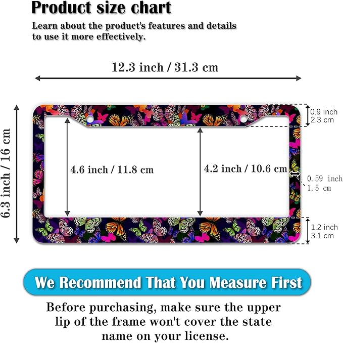 License Plate Frames Multicolor Car Plate Frame Colorful Watercolor Butterfly Aluminum Metal Car Accessory 2 Pack with Screw Covers Set