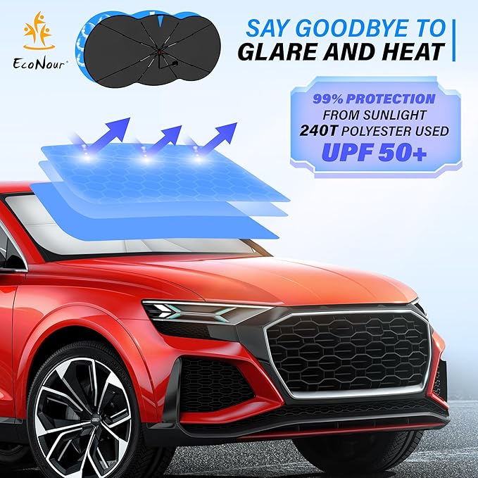 EcoNour Car Windshield Sunshade Umbrella | Foldable Car Umbrella Sun Shade Cover | Front Windshield Shade for Heat and UV Rays Protection | 240T Polyester Umbrella Sunshade | Large (57"x35")