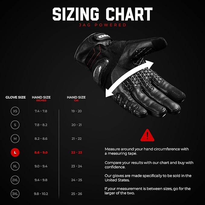 J.A.G. Leather Motorcycle Gloves for Men - Carbon Fiber Knuckle Protection, Motorbike Powersports, Dirt Bike, Touchscreen Gloves for Men and Women, Guantes para Moto.