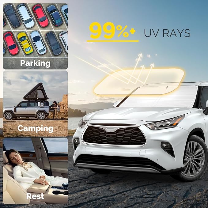 Car Windshield Sun Shade Compatible with 2020 2021 2022 2023 2024 2025 Toyota Highlander Accessories Sunshade Custom for Highlander L LE XLE Limited Platinum Windshield Sun Visor
