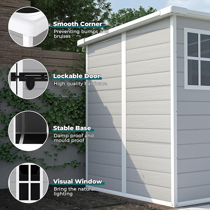 MyVoice 6x6 FT Outdoor Resin Storage Shed with HD Window, Rustproof Waterproof Garden Tool Shed, 12mm Thickened PP Panels, Large Capacity Outdoor Utility House for Backyard Patio (with Floor)