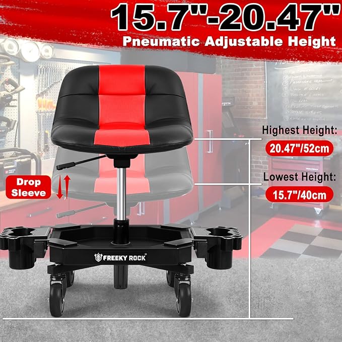Rolling Stool with Wheels, Adjustable Height Pneumatic Garage Work Mechanic Stool Seat with Backrest, 400 LBS Capacity 360° Swivel Mechanic Crepper Chair with Tool Tray Storage, Red