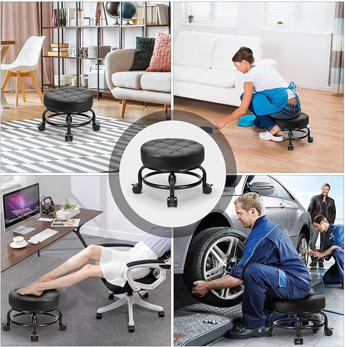 Low Roller Seat Low Height Rolling Stool PU Leather Rolling Stool, Modern Rolling Chair for Home Office Garage Shop