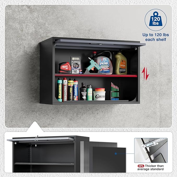 Metal Storage Cabinet Black&Gray Wall Cabinets with Shelf and Locking Door - Wall Mounted Storage Cabinet for Garage Warehouse Home Office - Assembly Required