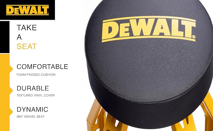 DEWALT Heavy-Duty Metal Stool for Garage and Shop, 360 Swivel Seat, Storage Tray, Padded Rip-Resistant Seat, Steel Frame, Industrial Powder Coating
