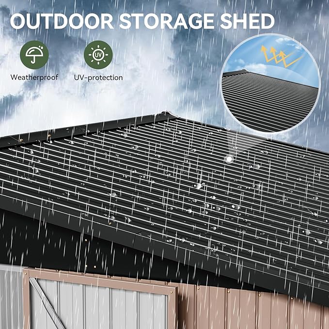 Aoxun 12x10 FT Shed Outdoor Storage Shed with Spacious Doors, Large Shed Steel Utility Tool Shed Storage House with Door & Lock, Metal Sheds with Sloped Roof for Garden Patio Lawn Poolside, Brown