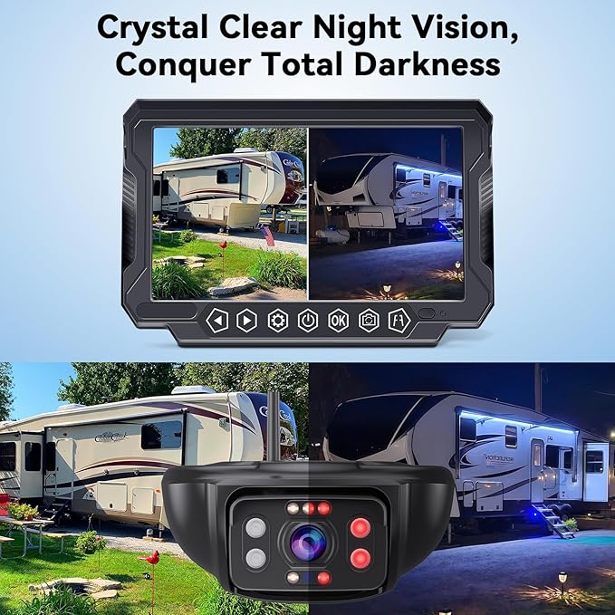 RV Backup Camera Wireless 7-inch for Furrion: Touchkey 4-Channel with Recording 1080P HD RV Rear View Camera Night Vision Waterproof Easy Install for Trailers, Boats, Fifth Wheels