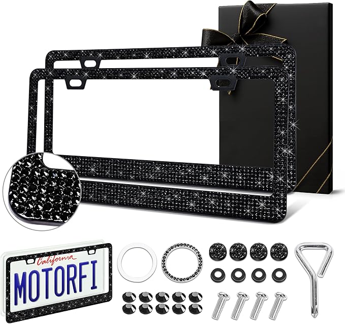 2 Pack Black Bling License Plate Frames for Women - Stainless Steel with Diamond Sparkly Rhinestone License Plate Holders - Perfect Birthday for Auto Lovers