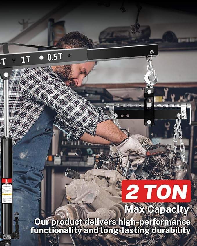 2-Ton Folding Engine Hoist with Lever, Hydraulic Shop Crane with 6 Swivel Wheels & Adjustable Boom (0.5T-2T), Heavy-Duty Cherry Picker for Garage, Workshop, Truck, Farm (Net Wt. 168 lbs)