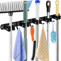 Huryfox Mop and Broom Holder Wall Mounted - Sturdy Stainless Steel Rack with Utility Hooks, 5 Racks, 4 Hooks Adjustable Design and Multiple Storage Organiser Options, Perfect for Kitchen