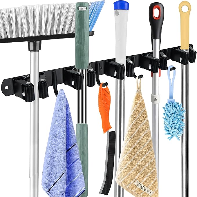Huryfox Mop and Broom Holder Wall Mounted - Sturdy Stainless Steel Rack with Utility Hooks, 5 Racks, 4 Hooks Adjustable Design and Multiple Storage Organiser Options, Perfect for Kitchen