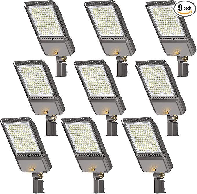 340W LED Parking lot Light Commercial Area Oudoor Lighting Street Light with Dusk to Dawn Photocell 61200Lm(180LM/W) 6000K IP65 Waterproof 100-277V for Driverway, Parking Lot 9 Pack