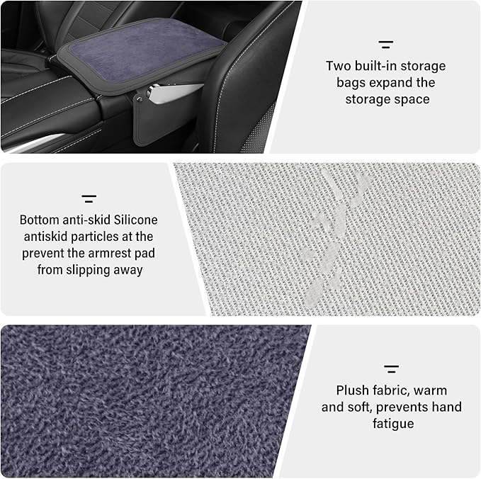 SINGARO Car Leather Center Console Cover with 2 Storage Bags, Universal Furry Fluffy Car Armrest Seat Box Pad, Comfortable Car Interior Accessories, Fits for Most Vehicles (Grey)