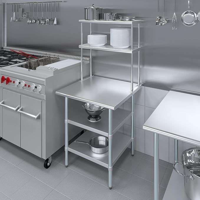 Amgood Stainless Steel Work Table with 2 Shelves | Metal Kitchen Prep Table & Shelving Combo (30" x 30" Table with 2 Shelves + 12" Overshelf)