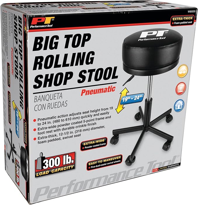 Performance Tool W85033 Extra-Thick Big Top Pneumatic Rolling Shop Stool for Mechanic Garages and Workshops, Black, 19x19x18.5-Inches