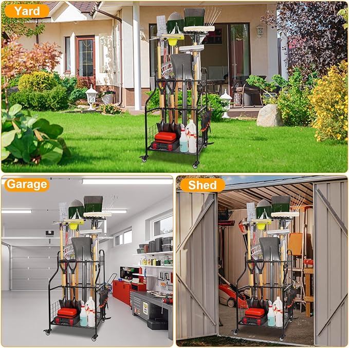 FZK Garden Tool Organizer,Heavy Duty Steel Yard Tool Organizer for Garage,Up to 49 Long-Handled Tools, Garden Tool Storage with Wheels,Garden Tool Organizer for Garage,Black