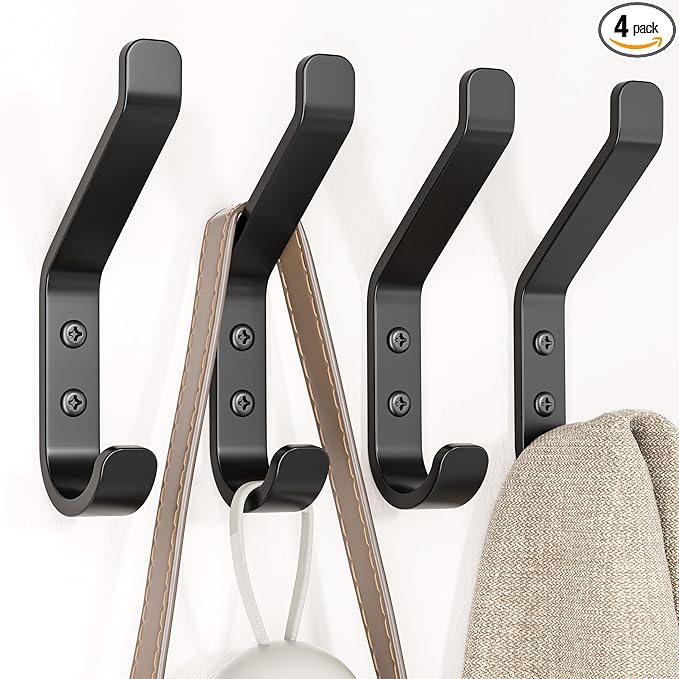 Coat Hooks Wall Mount for Hanging: 20LB Sturdy Hanger for Backpack, Towel, Bag, for Closet, Bathroom, Door, Mushroom, Stainless Black 4 Pack, 3.75"