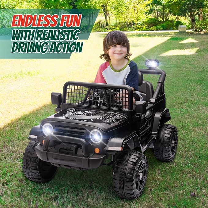 JOYMOR 12V Kids Ride on Truck with Remote Control, 4 Wheels Battery Powered Kids Car, Electric Play Car with LED Lights/Horn/Remote and Manual Control/3-5 MPH Speed/Gift for Girl Boy (Black)