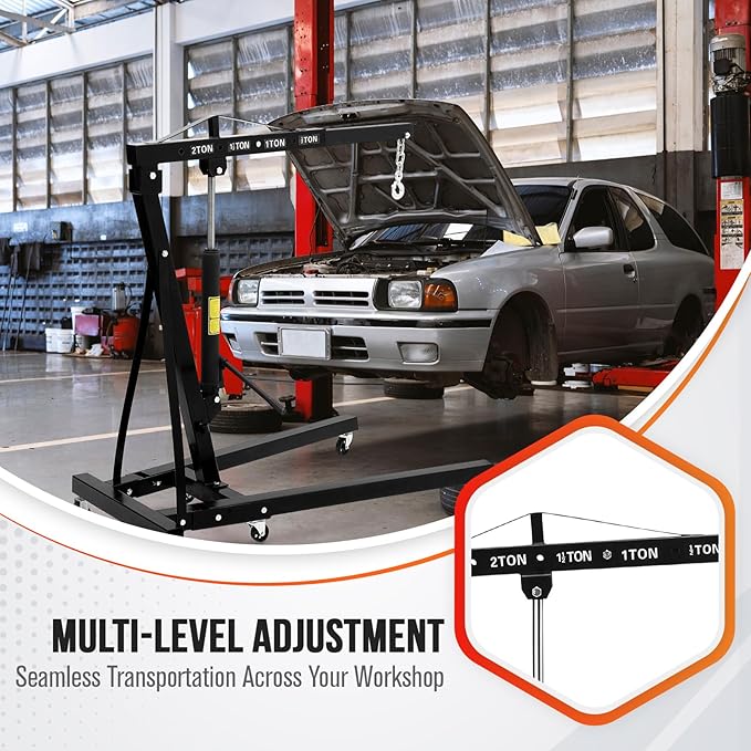 2 Ton Hydraulic Engine Hoist with Lever Stabilizer , Cherry Picker Engine Hoist, 4400LBS Heavy Duty Garage Crane with 6 Swivel Casters & Adjustable Telescopic Boom, for Auto Repair & Workshop (Black)