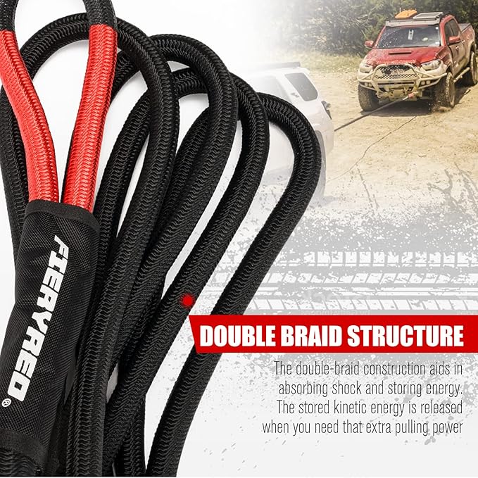 FieryRed Kinetic Energy Recovery Rope 30FT 7/8 Inch- Power Stretch Snatch Strap Vehicle Tow Rope with Reinforced Loops Protective Sleeve Tote Bag for Off-Road 4x4 ATV UTV Pickup
