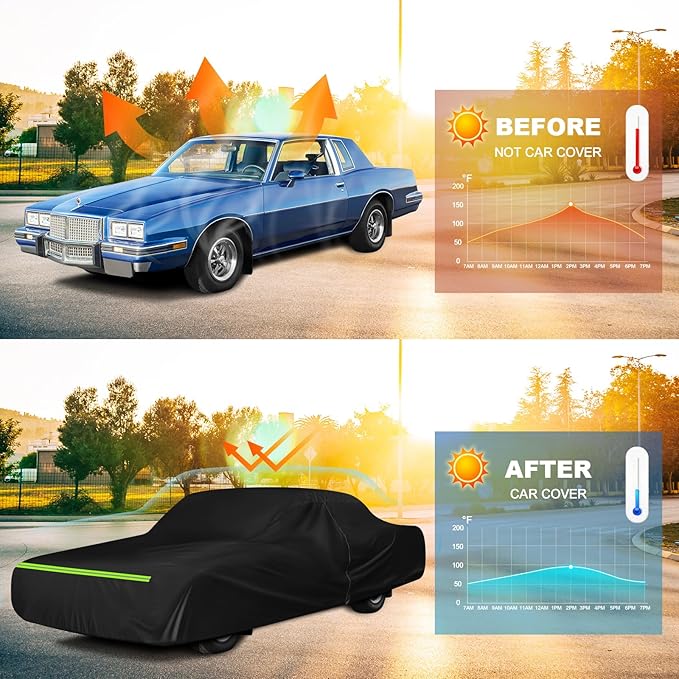 QUNSUNUS Waterproof Car Cover for Pontiac Grand Prix 1978-1996, Outdoor Car Covers with Zipper, All Weather Cover with Straps and Elastic Edges for Wind, Sun, UV and Dust Protection
