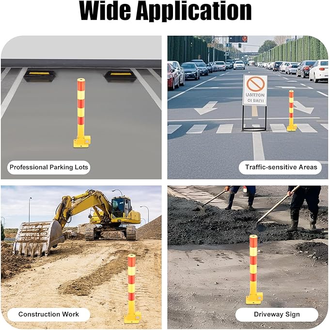 23In Q195 Iron Pipe Safety Bollard Yellow & Red Parking Barrier, Automatic Locking Folding Metal Post with Warning Stripes for Lots, Storefronts, Entrances