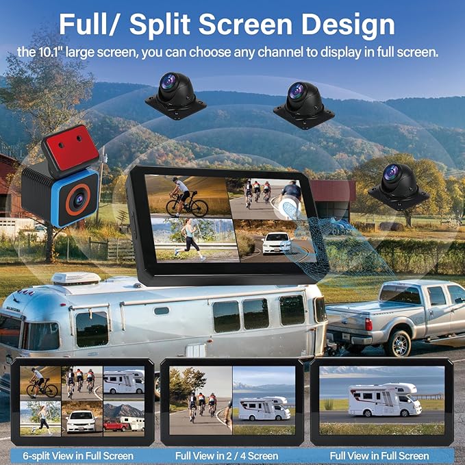 6CH RV Camera System 4G WiFi Live View GPS Tracking 10.1" AI Touch Screen Monitor with 4 Pieces 1080P Waterproof Night Vision Front Side Backup Camera Sentry Mode Blind Spot Pedestrian Detection