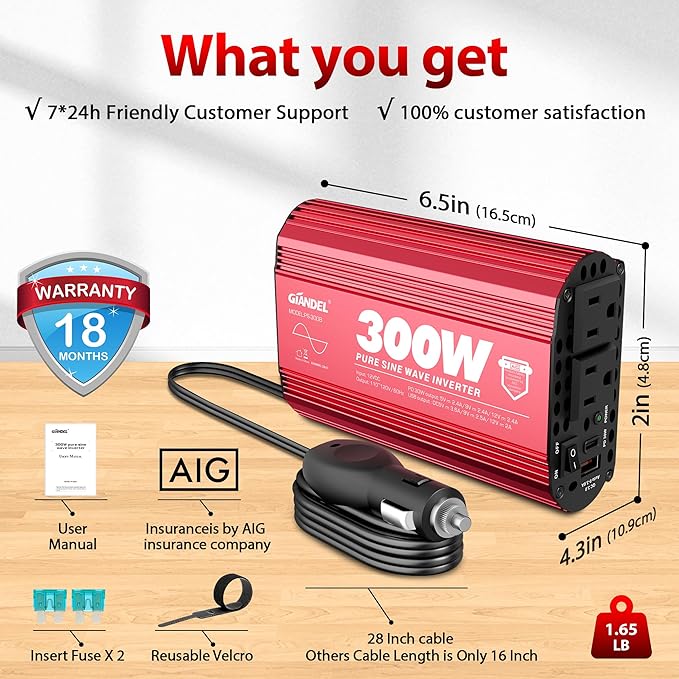 300Watt Pure Sine Wave Power Inverter for Car with PD30W Type C and QC 3.0 USB Car Converter Adapter with Dual USB Ports for Smartphones Laptops Tablets Starlink