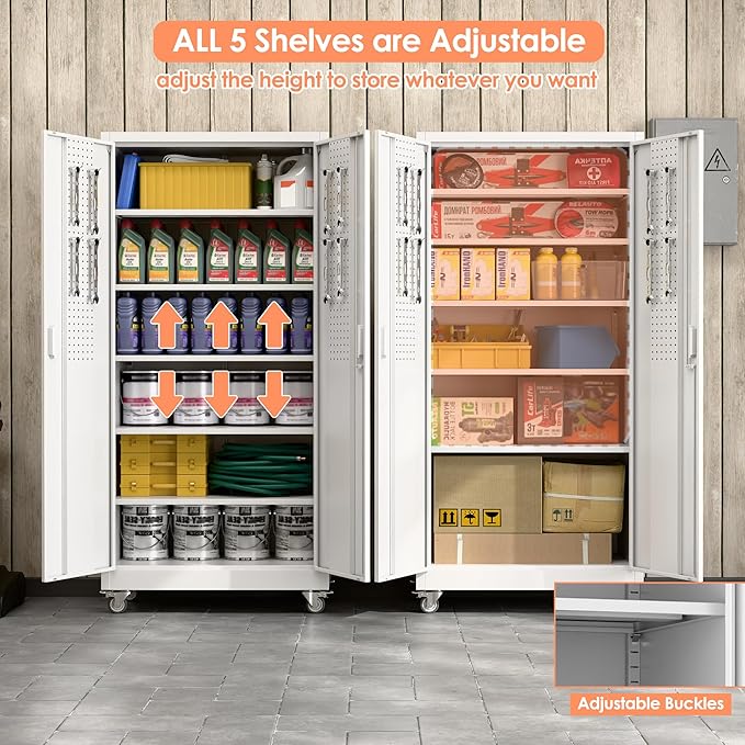 71" H×32" W×16" D Garage Storage Cabinet with Wheels, Locking Metal Storage Cabinet with 5 Adjustable Shelves, 4 Hooks and Pegboard for Garage, Home Office, Kitchen, Assembly Required, White