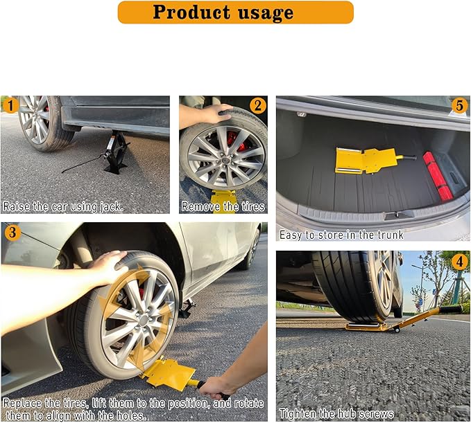 Adjustable Portable Tire Jack, Detachable Roller Plate, Heavy-Duty Tire Lifting Tool,Tire Dolly with A Load Capacity of 120 Pounds, Suitable for Cars, SUVs and Trucks, Bright Yellow Surface