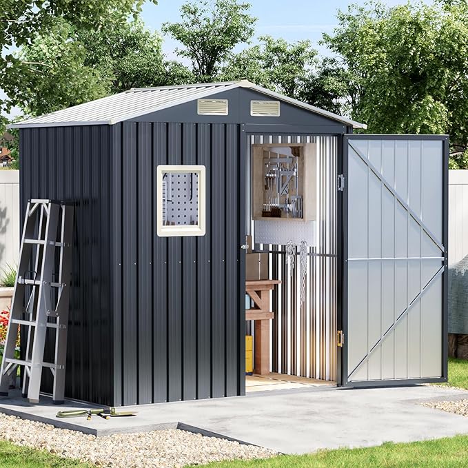 6x4 FT Outdoor Metal Storage Shed, Single Door, 1 Clear Window, Tool Shed for Garden, Patio, Backyard Brown