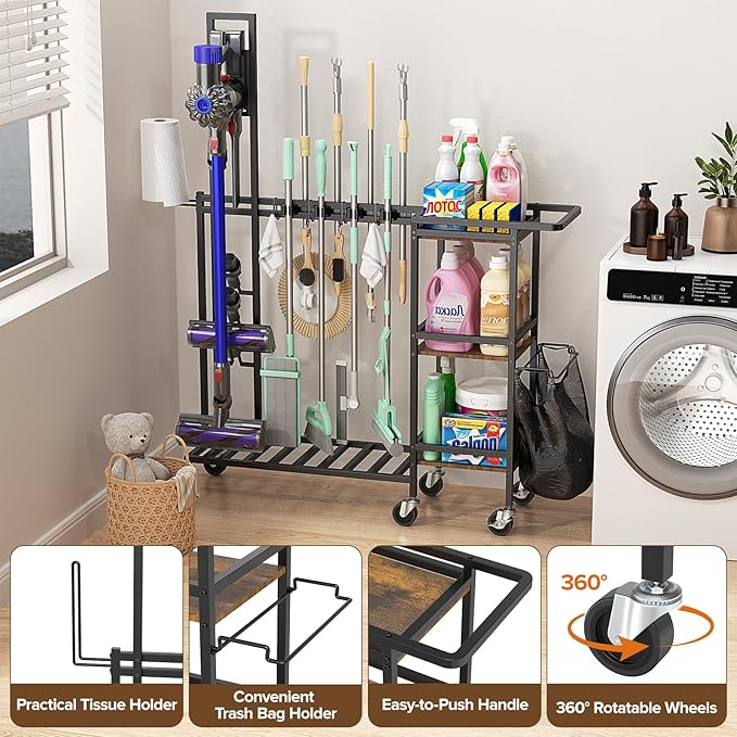 Cleaning Utility Cart on Wheels, Multifunctional Cleaning Tools Supplies Organizer with Broom and Mop Holder, Vacuum Stand Compatible with Dyson, Rolling Storage Caddy Cart for Home