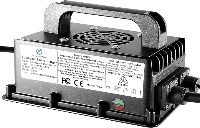 800W Lead Acid Battery Charger 48 Volt 15 AMP 3-Pin Triangular Plug EZGO RXV & TXT Golf Carts