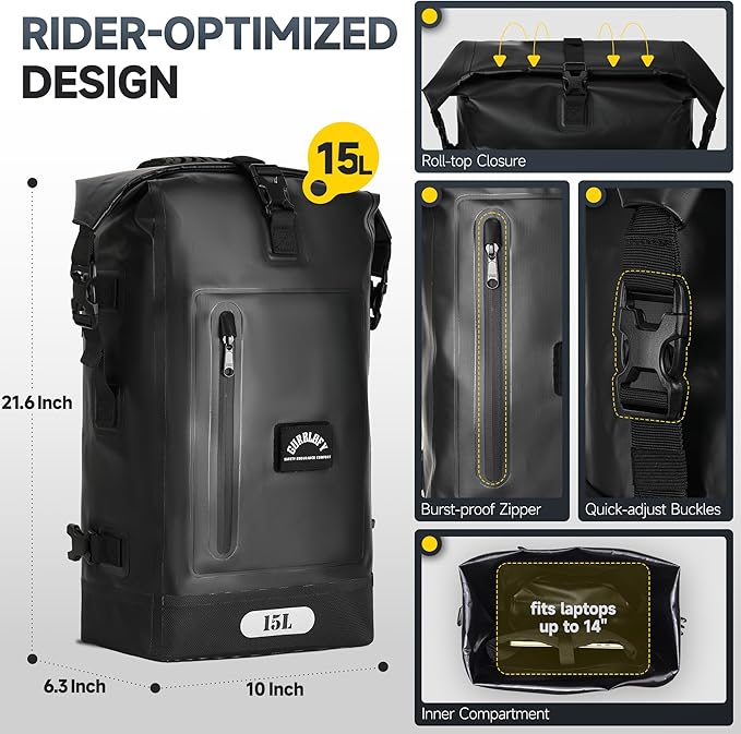 Motorcycle Tail Bag, 15L Waterproof Motorcycle Saddle Bag, 2 Size and 3 Color Options Travel Bag, PVC Luggage Bag, Rear Seat Bag, Classic Black GT-15BL