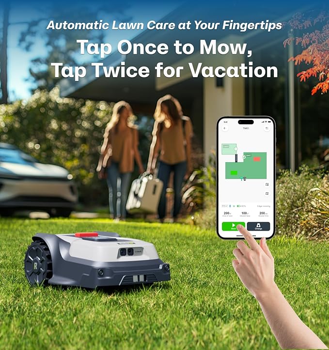 Robot Lawn Mower No Wire T1200Pro 2025 with L-Shape Wall Mount Rod, Automatic Robot Mower, Ride-on Edge Mowing, Multiple Zones Management, AI Obstacle Avoidance, for Lawn Up to 0.37 Acre