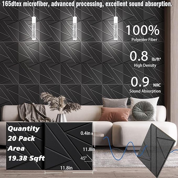【20 Pack】 Acoustic Panels Self-Adhesive (0.4" Thick | 0.8lb/ft³ Medium Density) - 12x12 Soundproof Foam Tiles for Home Office/Wall Sound Absorption, Noise Reduction Panels Studio Use - Black