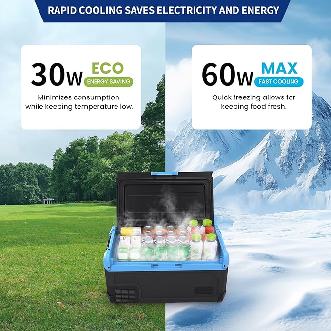 30L Car Refrigerator Freezer, 32QT Single Zone Portable Fridge with Blow Expansion Evaporator, Reversible Door, LED Control, Fast Cooling, 100–240V AC / 12V / 24V DC, -4℉~68℉, Ice Blue